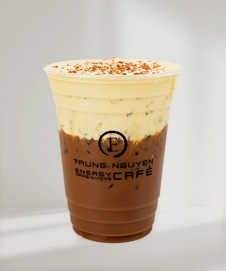 Trung Nguyen E-Coffee’s creamy white coffee beverage, layered with a rich coffee base and topped