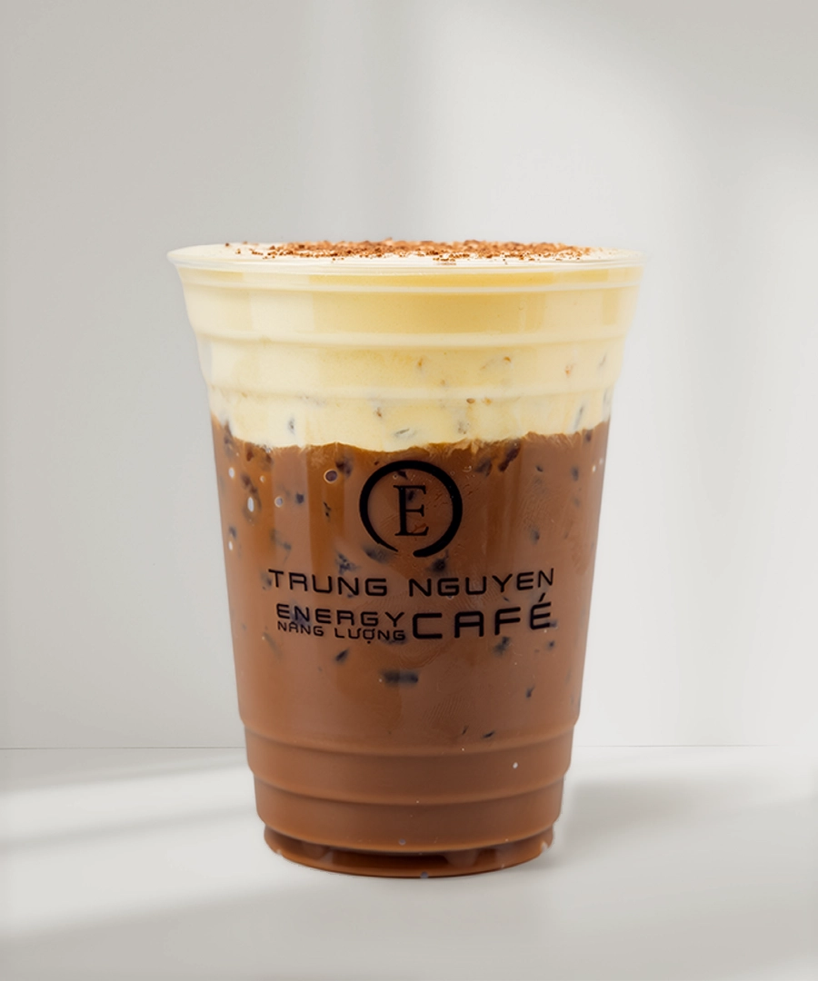 Trung Nguyên E-Coffee signature specialty drink, a layered iced coffee with unique foam, displayed