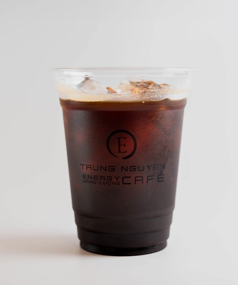 Trung Nguyen E-Coffee's Black (Cà Phê Đen Đá) iced coffee in a clear plastic cup