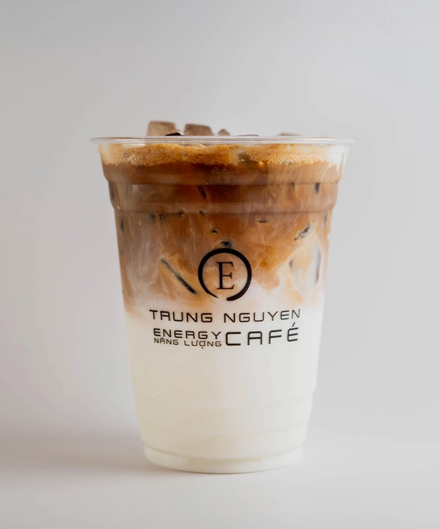 Trung Nguyen E-Coffee's signature Milk (Cà Phê Sữa Đá) iced coffee in a clear plastic
