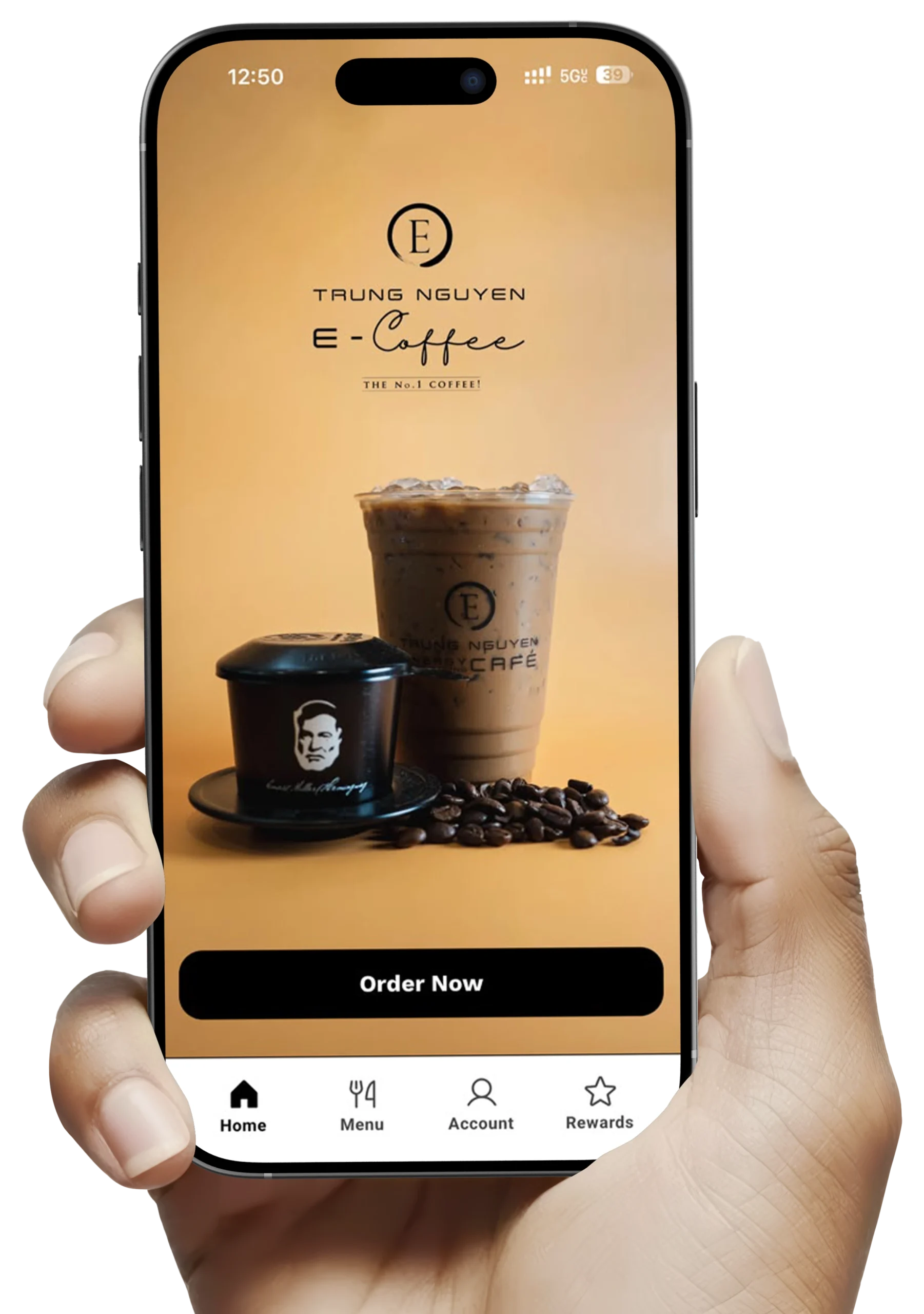 Hand holding a smartphone displaying the Trung Nguyen E-Coffee rewards app interface, showcasing a coffee